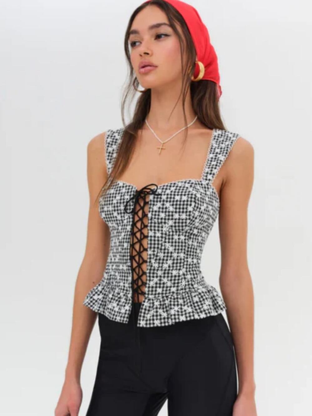 For Love and Lemons Mimi Corset Top Floral Gingham Black White Zipper Back Med